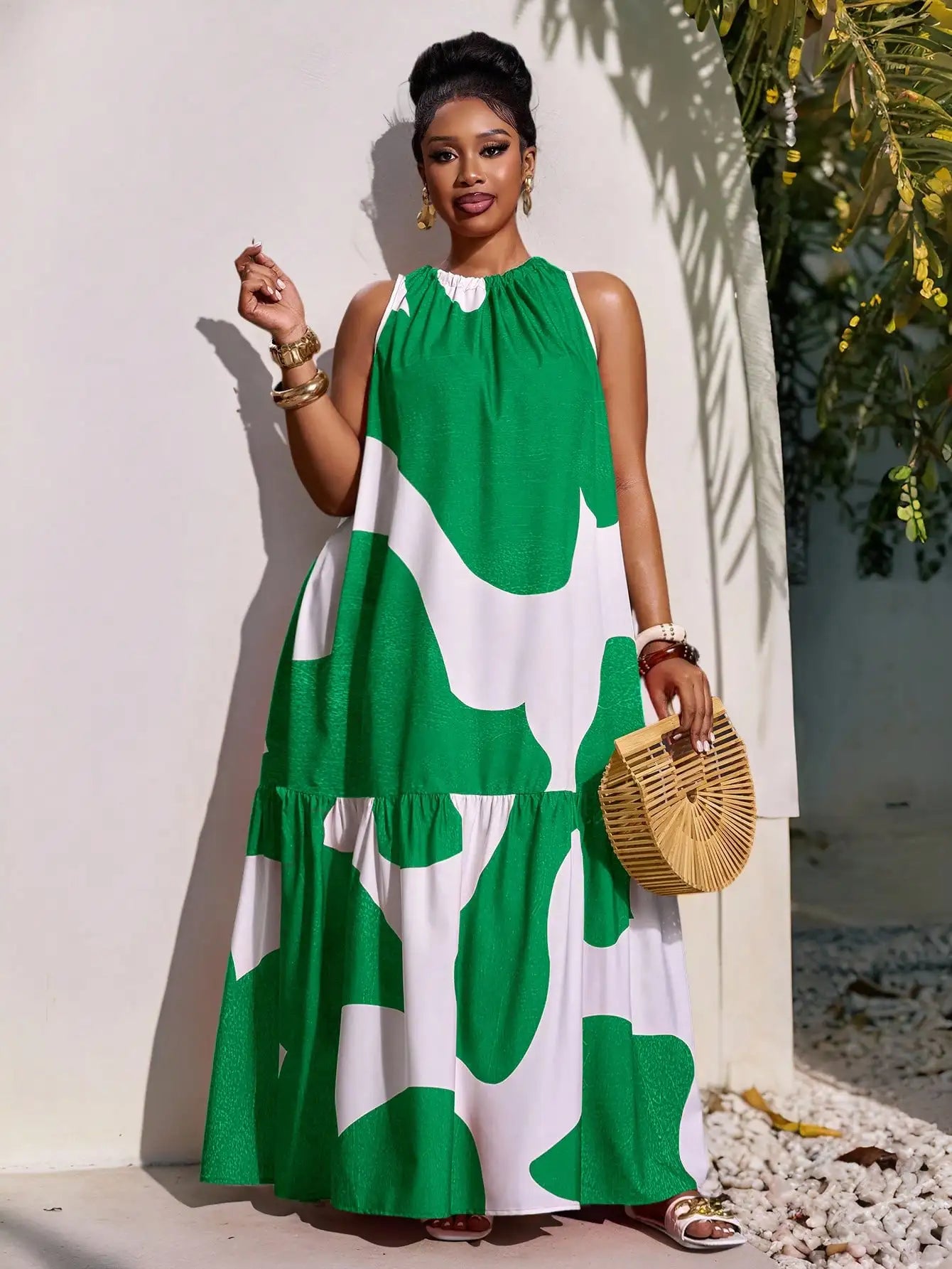 Plus Size Sleeveless Tiered Maxi Dress With Red White Abstract Print A-Line Cut