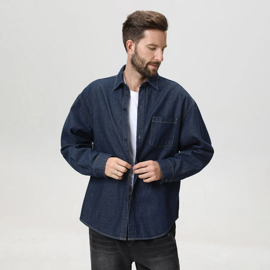 BROWON 2026 American Style Vintage Men's Denim Shirt Long Sleeve Spring Autumn Washed Distressed Oversized Jean Shirt for Man