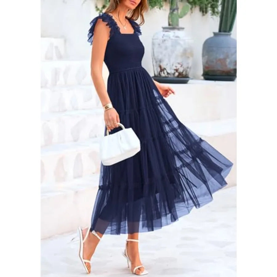 PRETTYGARDEN Women's Summer Tulle Midi Dress Sleeveless Smocked Ruffle Flowy Mesh Dresses Party Wedding Guest Sundress