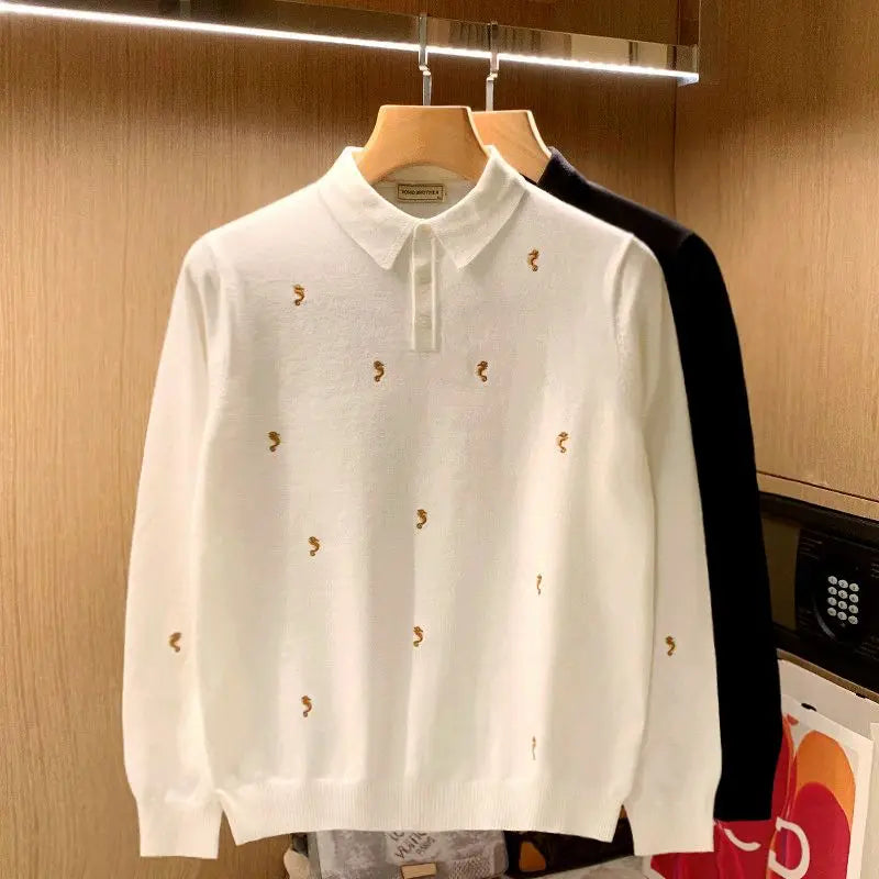 Mens Seahorse Embroidered Knitted Polo Shirt Long Sleeve