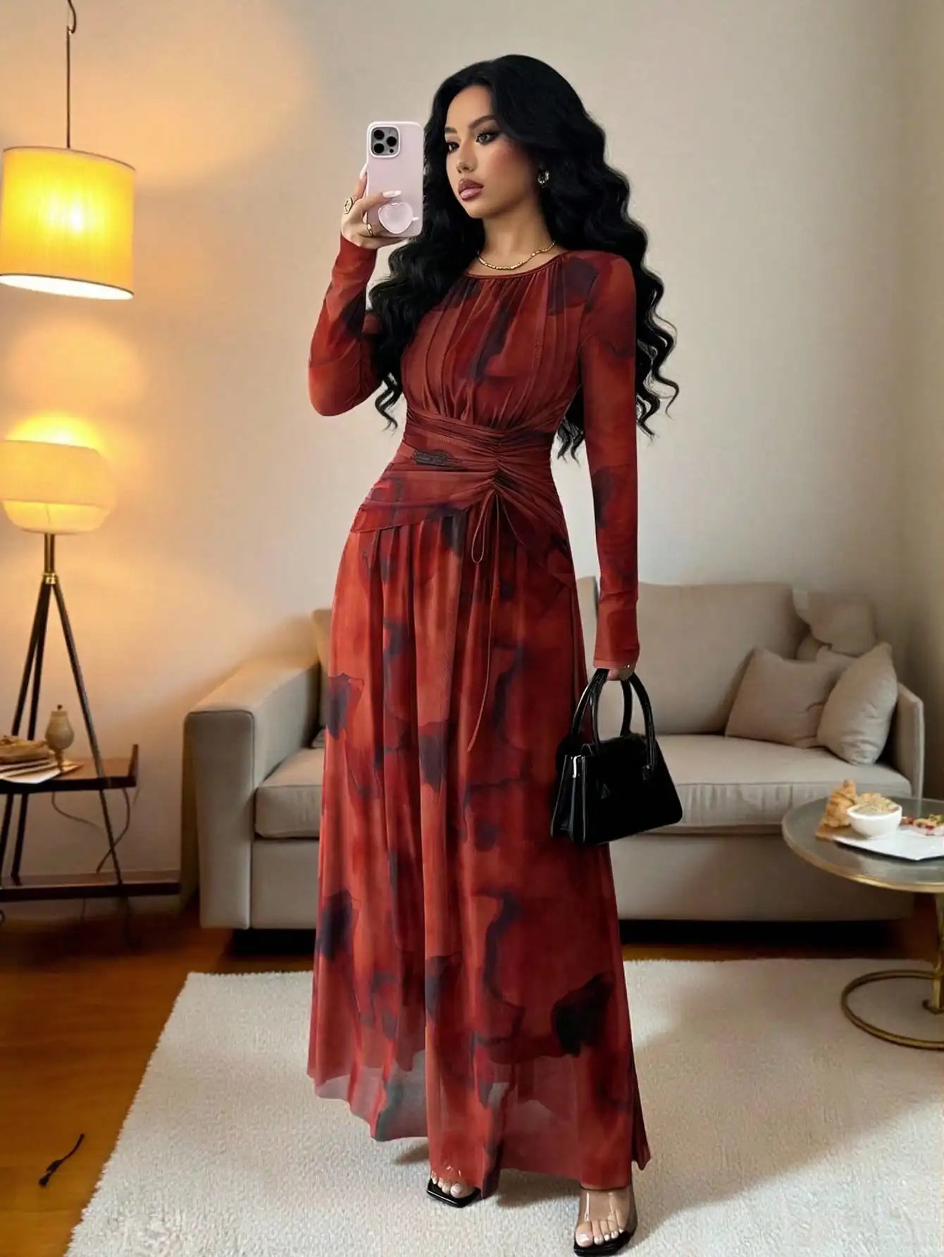 Elegant Floral Print Long Sleeve Maxi Dress With Drawstring Waist