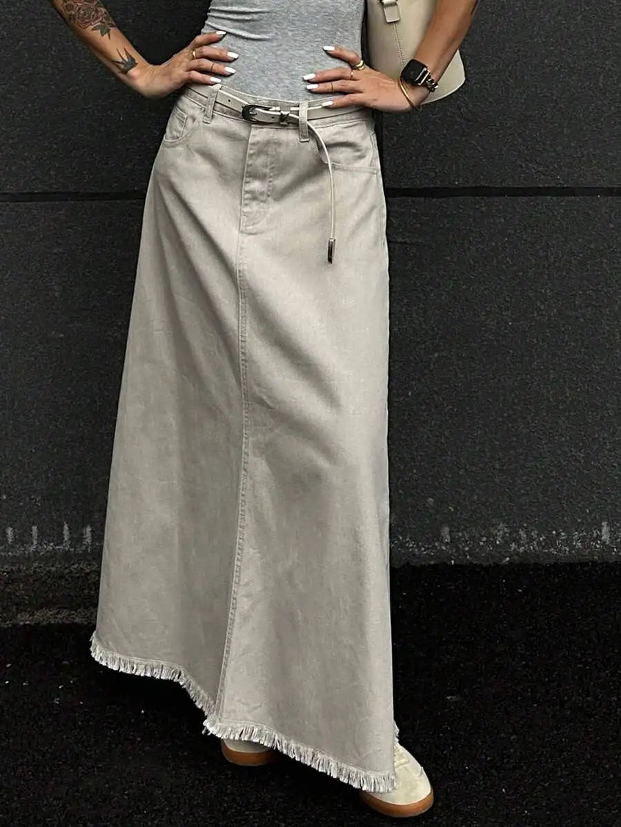 Women's Loose A-Line Denim Skirt with Frayed Hem and Belt, Autumn Casual Wear