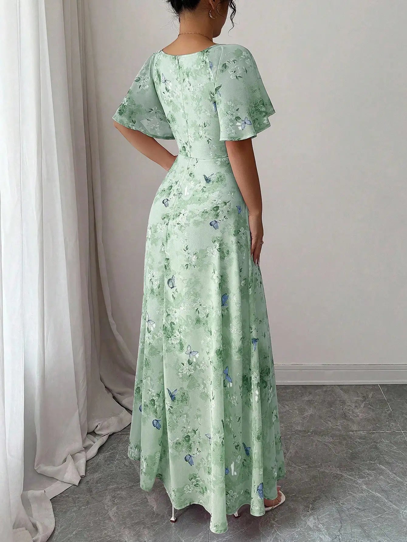 Women's Chiffon Butterfly Print Ruched Square Neck Batwing Sleeve Maxi Dress