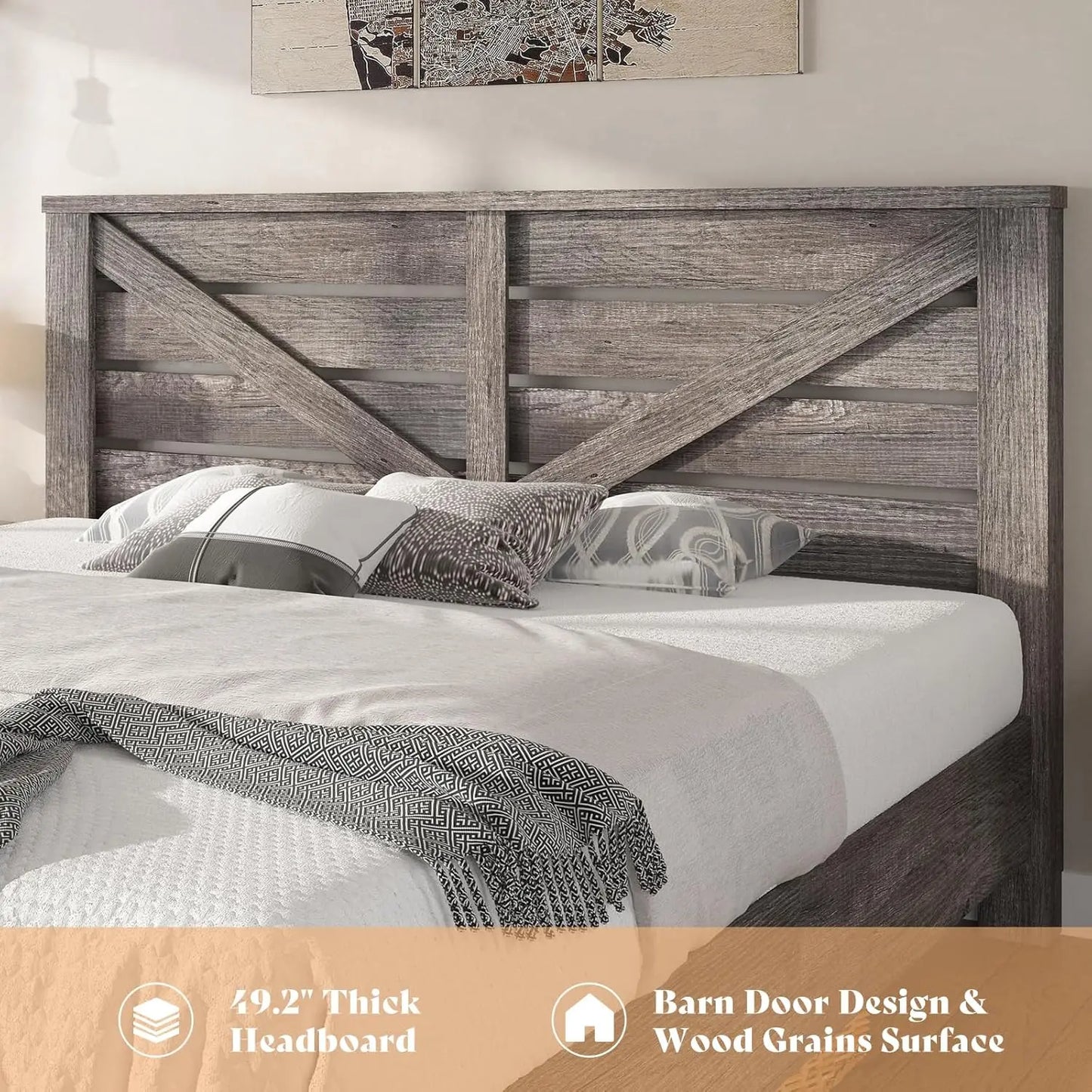 Queen Size Bed Frame with 49.2" Barn Door Headboard and Footboard, Farmhouse Platform Bed Frame with Wood Slats, No, Customized