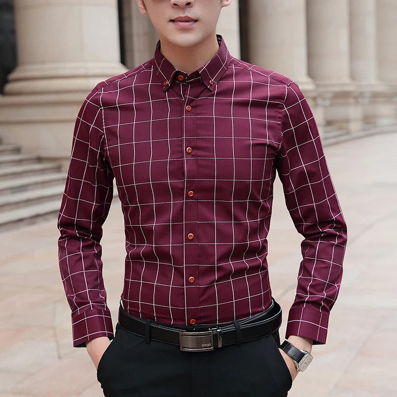 BROWON Brand Shirts Men Long Sleeve Turn-down Collar Plaid Pattern Men's Shirt Smart Casual Business Shirt Plus Size M - 5XL