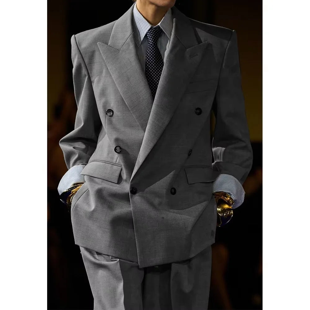 Men's Linen Suit Set Double Breasted 2 Pieces Peak Lapel Oversized Breathable Soft Formal Jacket Pants Outfit Business Casual