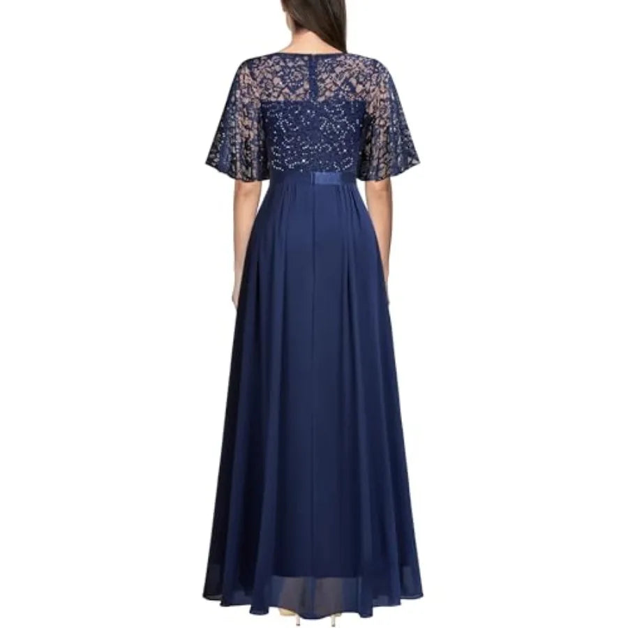 Women's Elegant Sequin Lace Butterfly Sleeve Formal Evening Maxi Dress