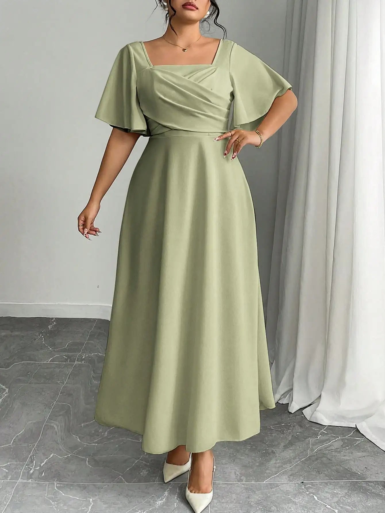 Elegant Plus Size Square Neck Draped Waist A-Line Midi Dress