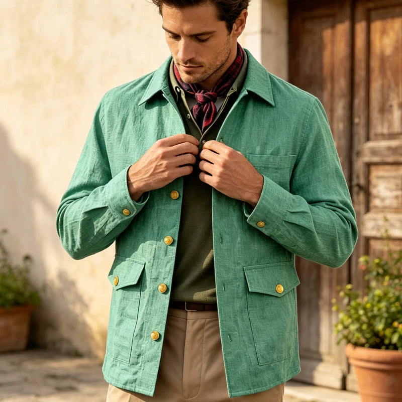 Mens Vintage Linen Jacket With Breathable Gold Button Lapel Design