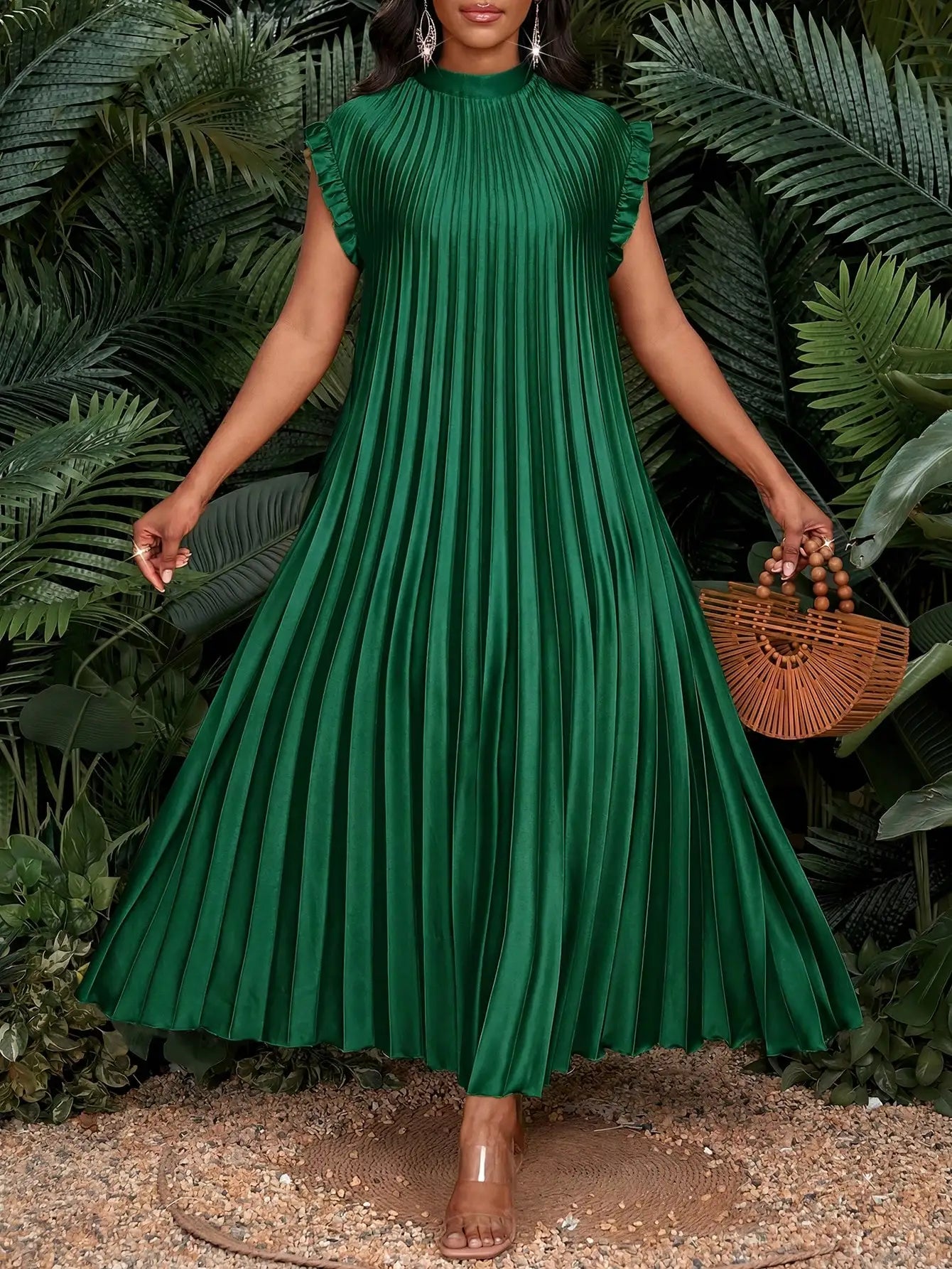 Pleated A-Line Maxi Dress With Stand Collar And Ruffle Cap Sleeves For Party Wedding Beach Event