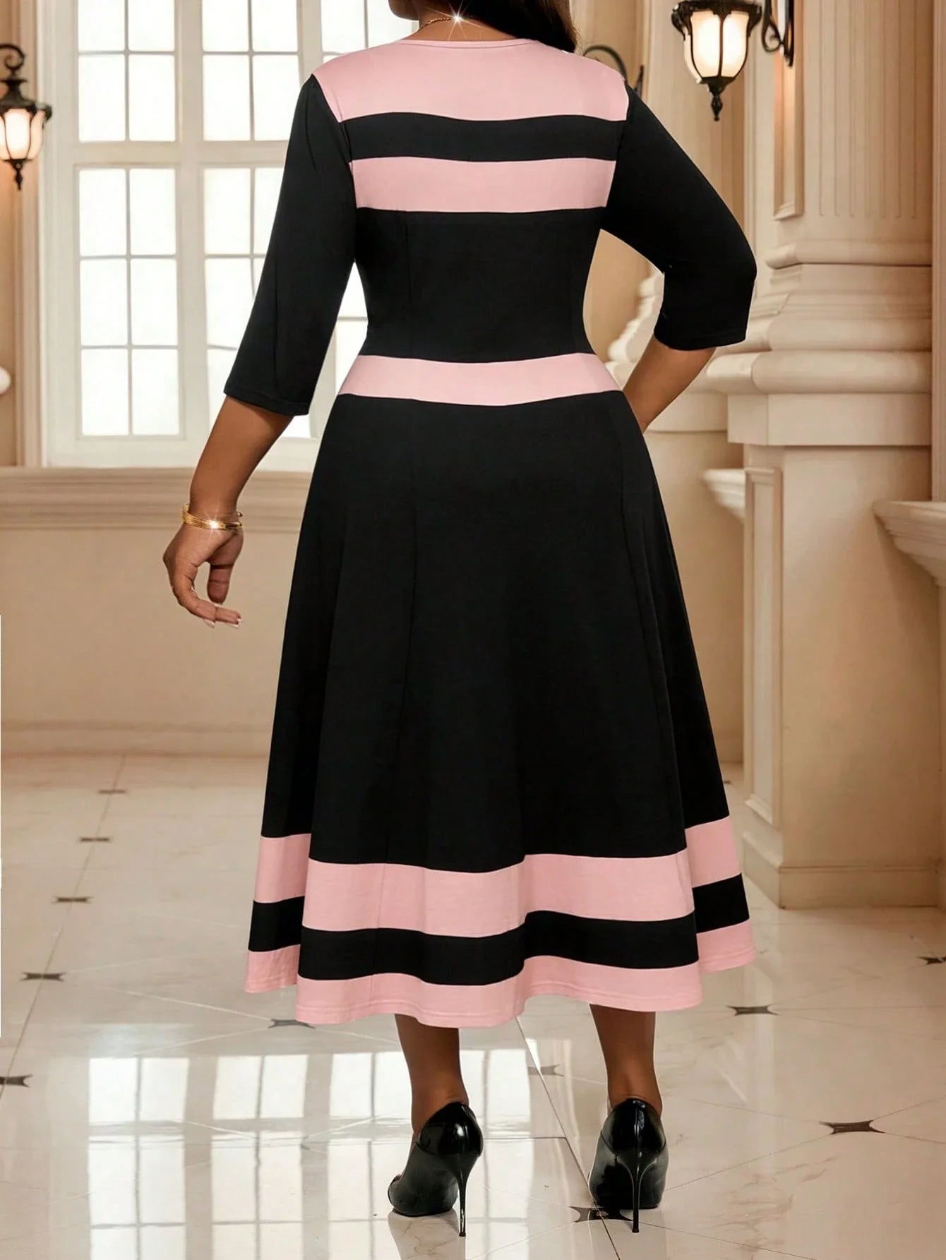 Elegant Color Block Striped Midi Dress Knee Length Black And Pink Women Spring Summer Outfit