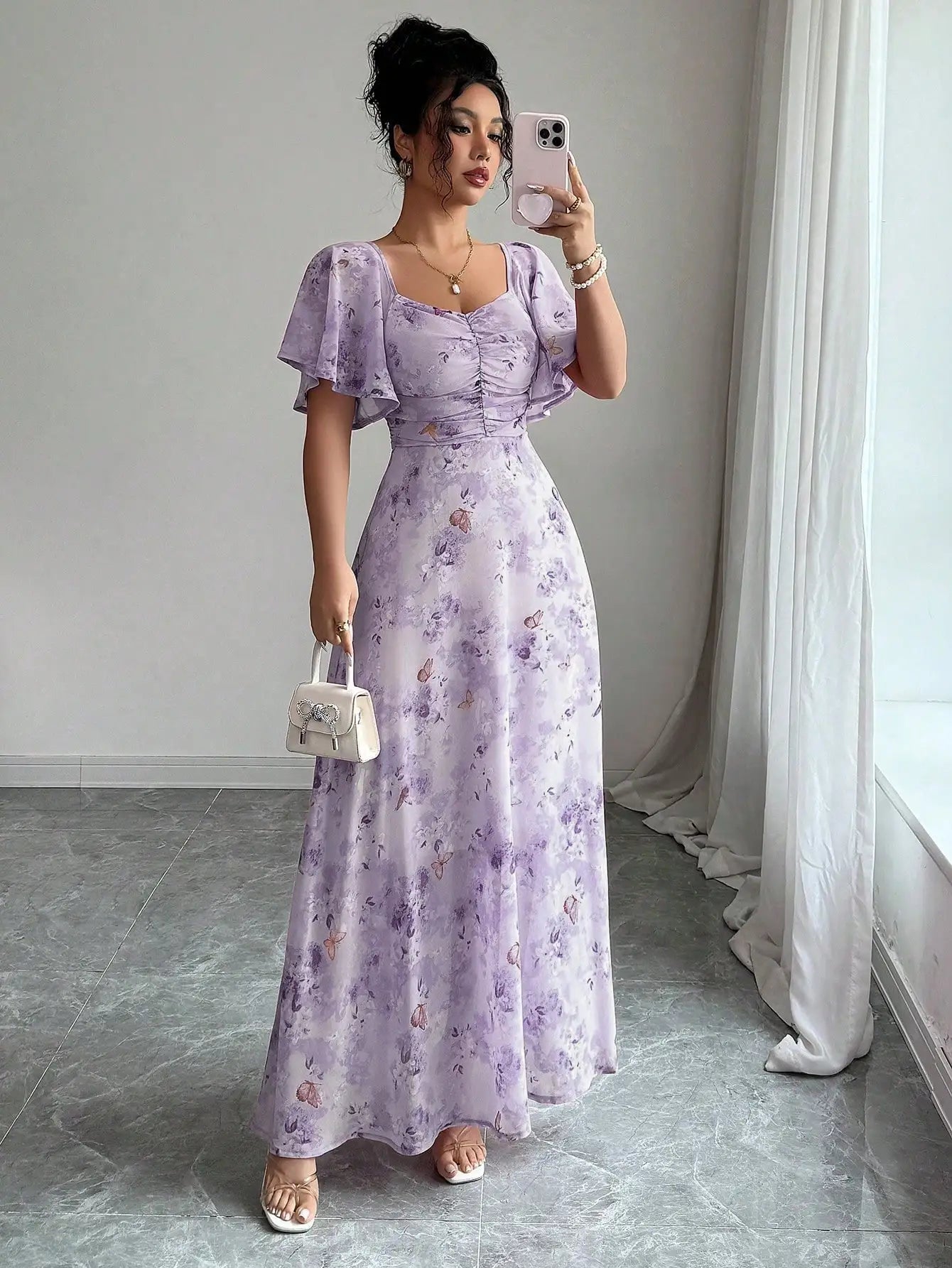 Women's Chiffon Butterfly Print Ruched Square Neck Batwing Sleeve Maxi Dress