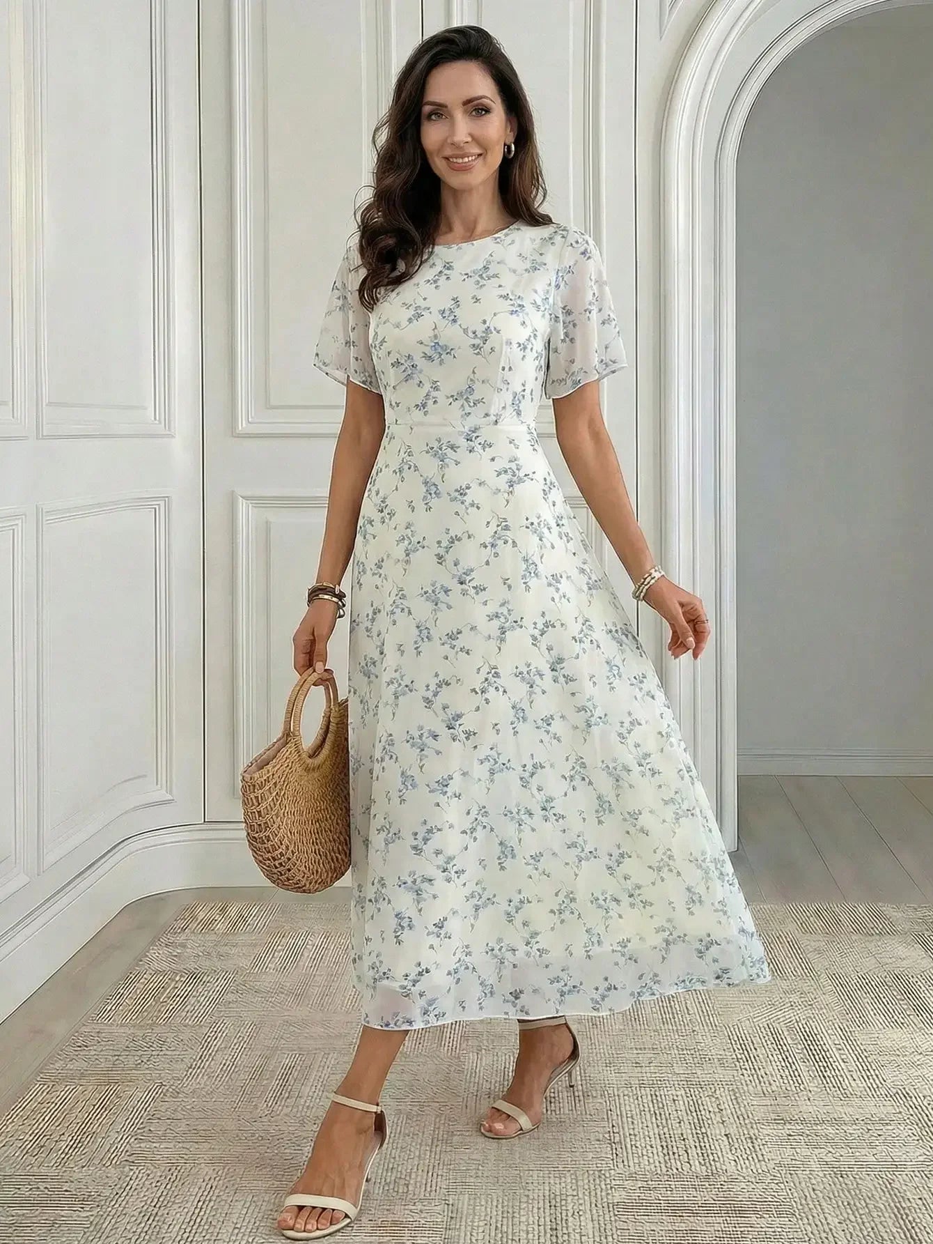 Elegant Ditsy Floral Round Neck Short Sleeve Mid-Calf Dress For Women Summer
