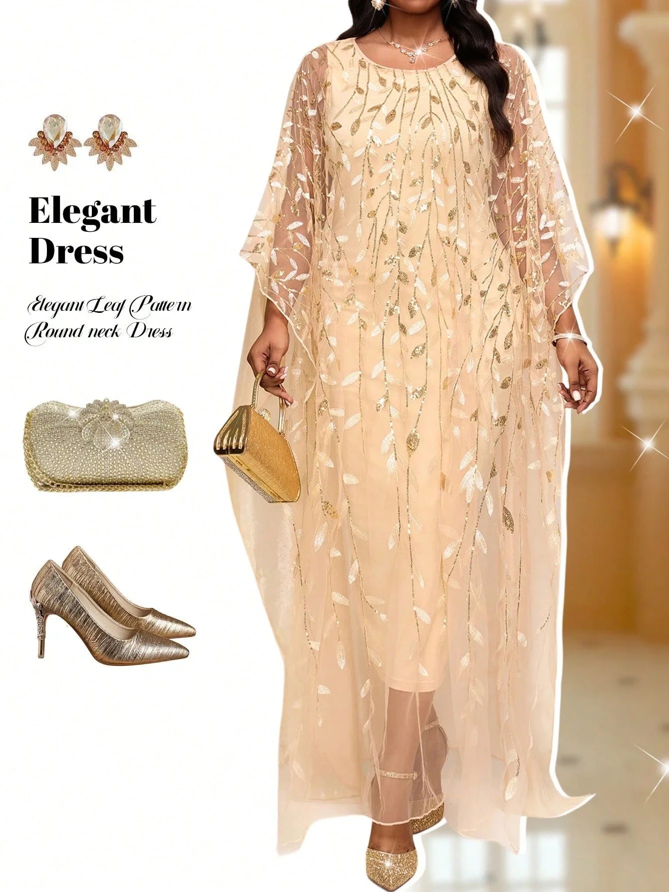 Elegant Leaf Pattern Round Neck Flowy Batwing Sleeve Sequined Long Dress For Women