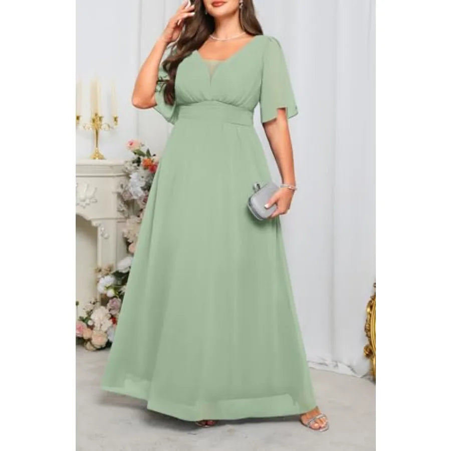 Talisea Plus Size Formal Dresses - V Neck Flutter Sleeves Evening Gowns Bridesmaid Wedding Guest Chiffon Long Maxi Dress