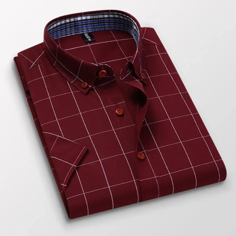 BROWON Mens Short Sleeve Plaid Casual Button Up Shirt