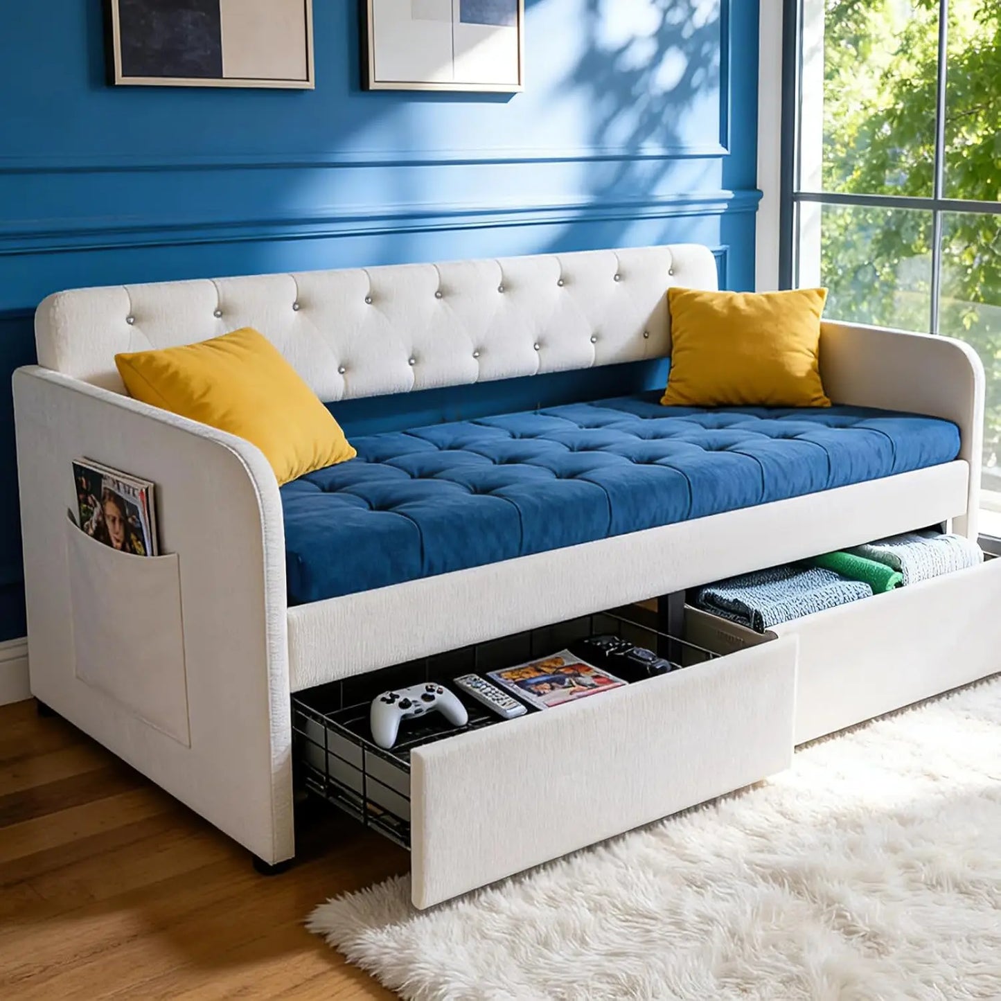 Twin Size Daybed with 2 Storage Drawers and Pockets, Chenille Fabric with Diamond Buttons, Upholstered Comfy, Customized