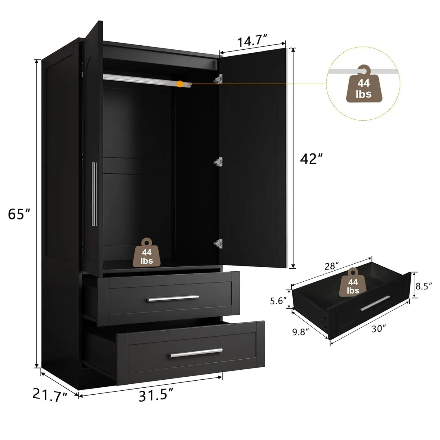Wooden Armoire Wardrobe Closet with 2 Drawers, Clothing Storage Cabinet with Shelves Aluminum Hanging Rod, Wardrobe, Customized