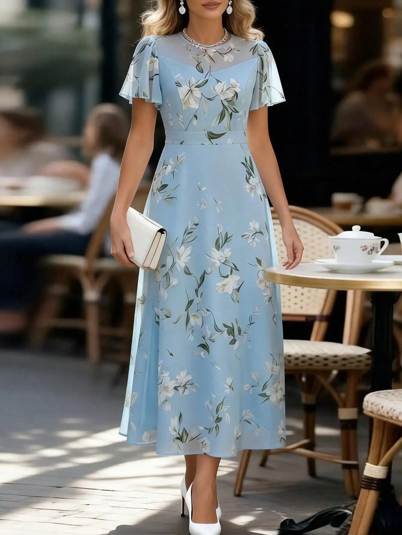 Elegant Blue Chiffon Floral Print Ruffle Sleeve A-Line Dress For Women