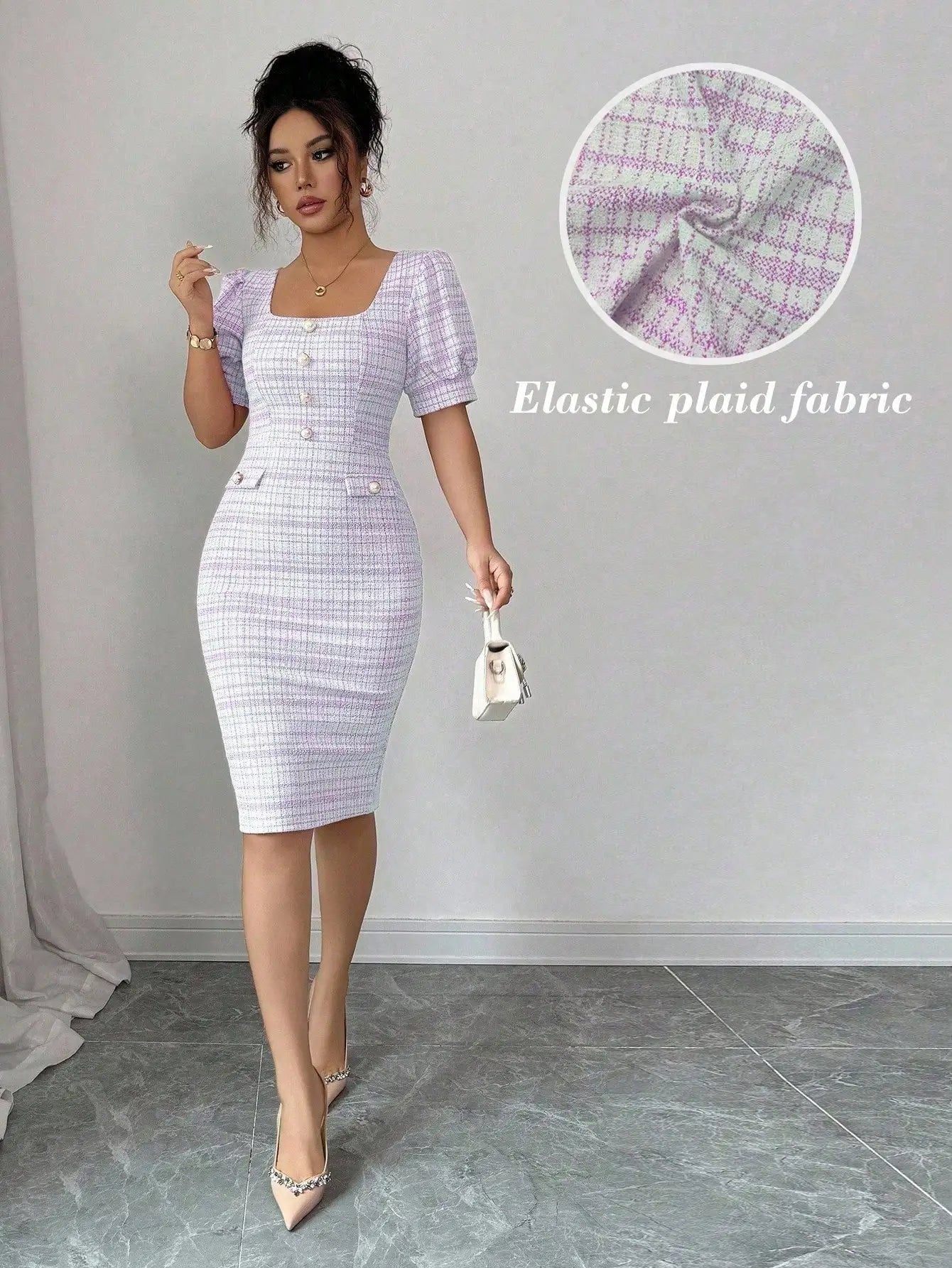 Elegant Plaid Puff Sleeve Square Neck Bodycon Dress For Women