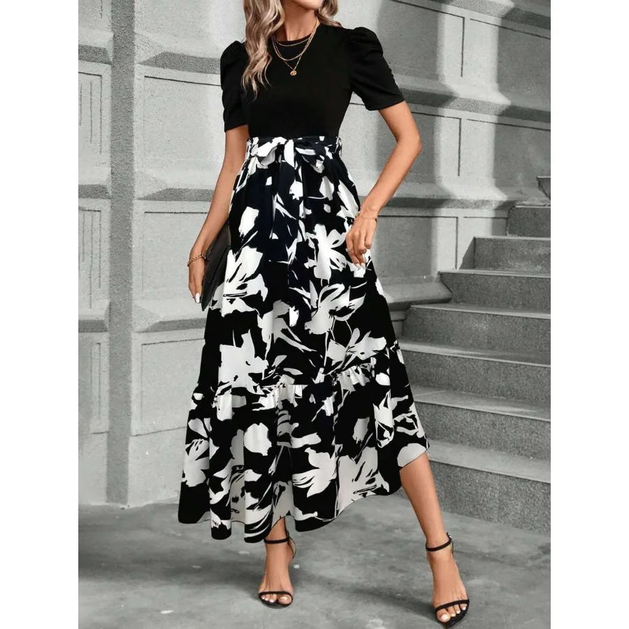 Women's Spliced Plant Print Ruffle Hem Maxi Dress Outfit