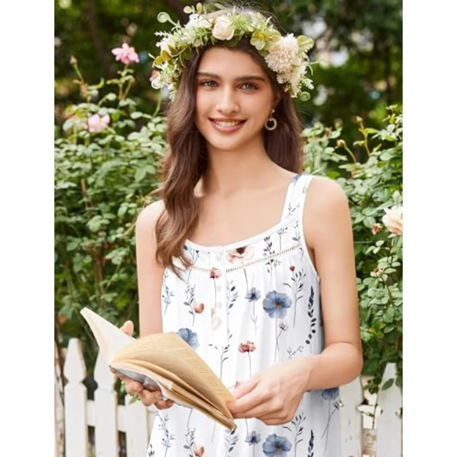 Ekouaer Nightgowns for Women Cotton Long Night Gowns Sleeveless Sleep Dress Victorian Nightdress Ladies Sleepwear XS-4XL
