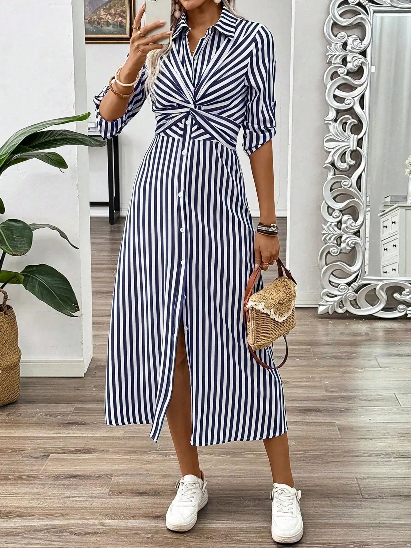 Blue And White Striped Twist Front Midi Dress With Belt