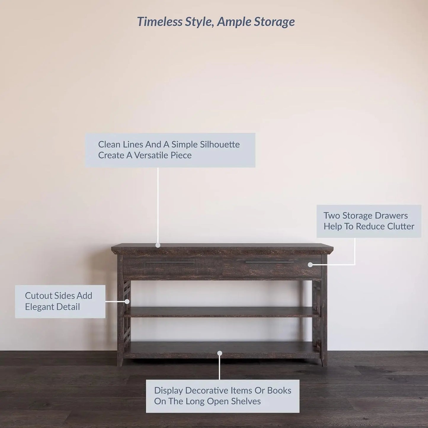 Three-Tier Console Table With Storage Shelves And Drawers
