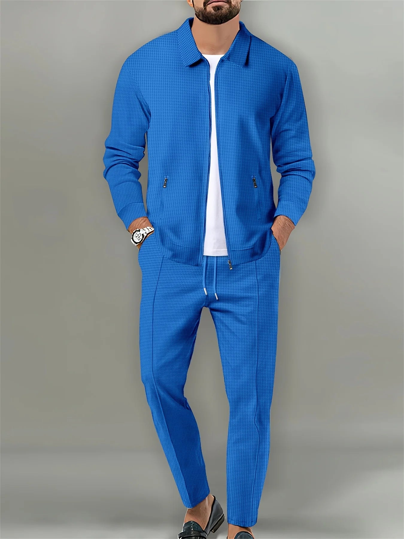 Men's coat, waffle, zipper pocket, lapel, slim cardigan, Men's jacket set - the best choice for casual wear and outdoor outfits