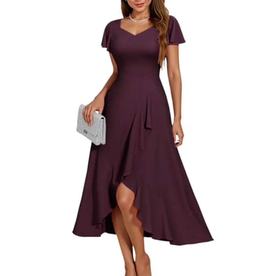 HomRain V Neck Formal Wedding Guest Dresses for Women Ruffle Sleeves for Cocktail Graduation Modest Dress