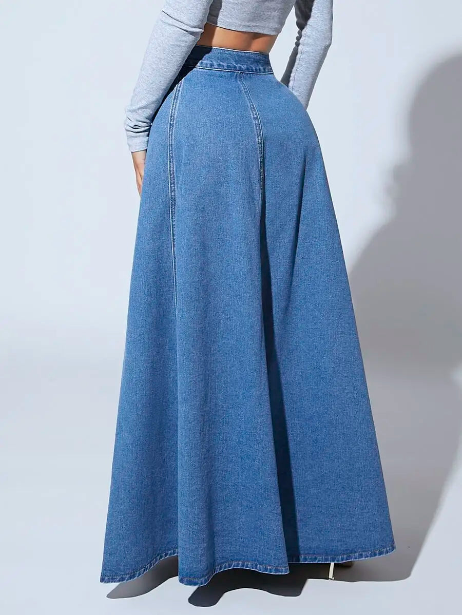 Front Button High-Waisted Denim Maxi Skirt for Women