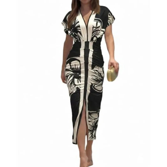CHICME Summer Dresses for Women Floral Print Plunge V Neck Midi Dress Casual Ruched Slit Bodycon Party Dress