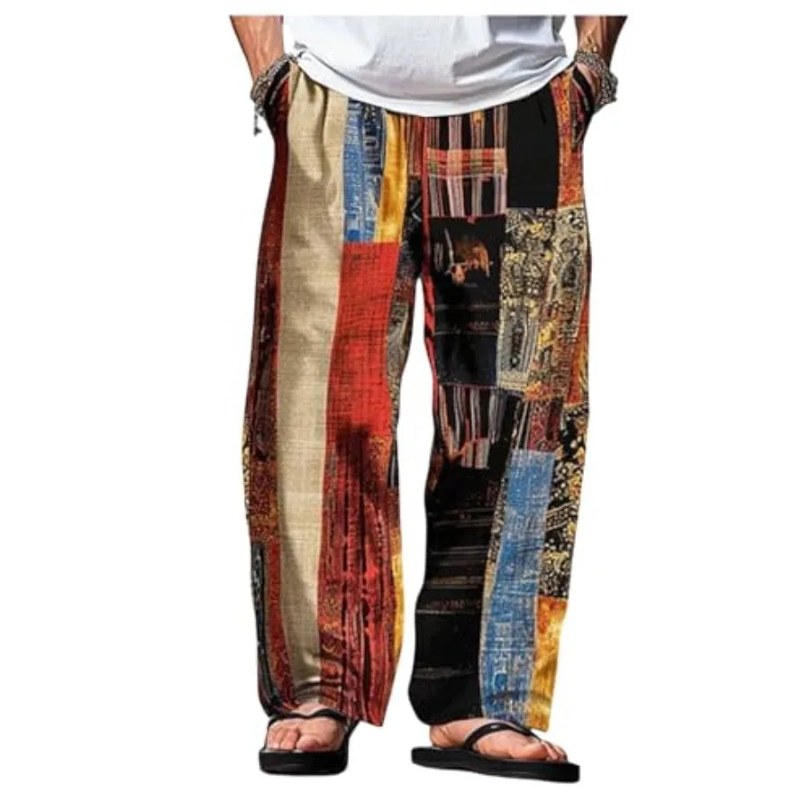 GORGLITTER Men's Patchwork Pants Drawstring Waist Wide Leg Baggy Wide Leg Pants Summer Vacation Beach Trousers