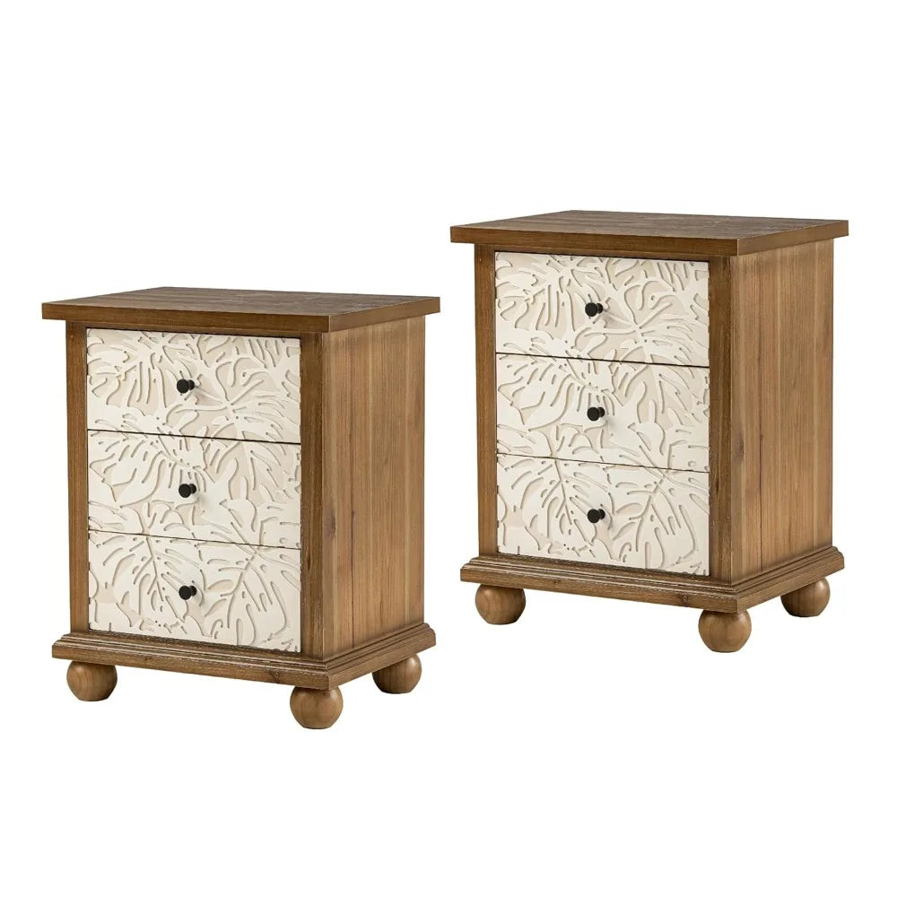 Farmhouse 3-Drawer Nightstand with Leaves Pattern Carved, Set of 2 Vintage French Country End Table for Bedroom,, Customized