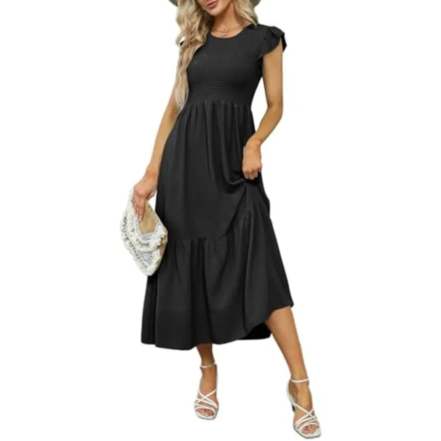 OFEEFAN Women's Casual Maxi Dresses with Pockets Ruffle Sleeve Smocked Dress XS-2XL