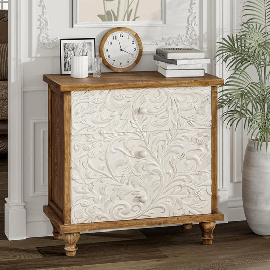 3 Drawer Farmhouse Dresser with Embossed Weathered Flower Motif, Vintage Nightstand for Bedroom, Almost, Customized
