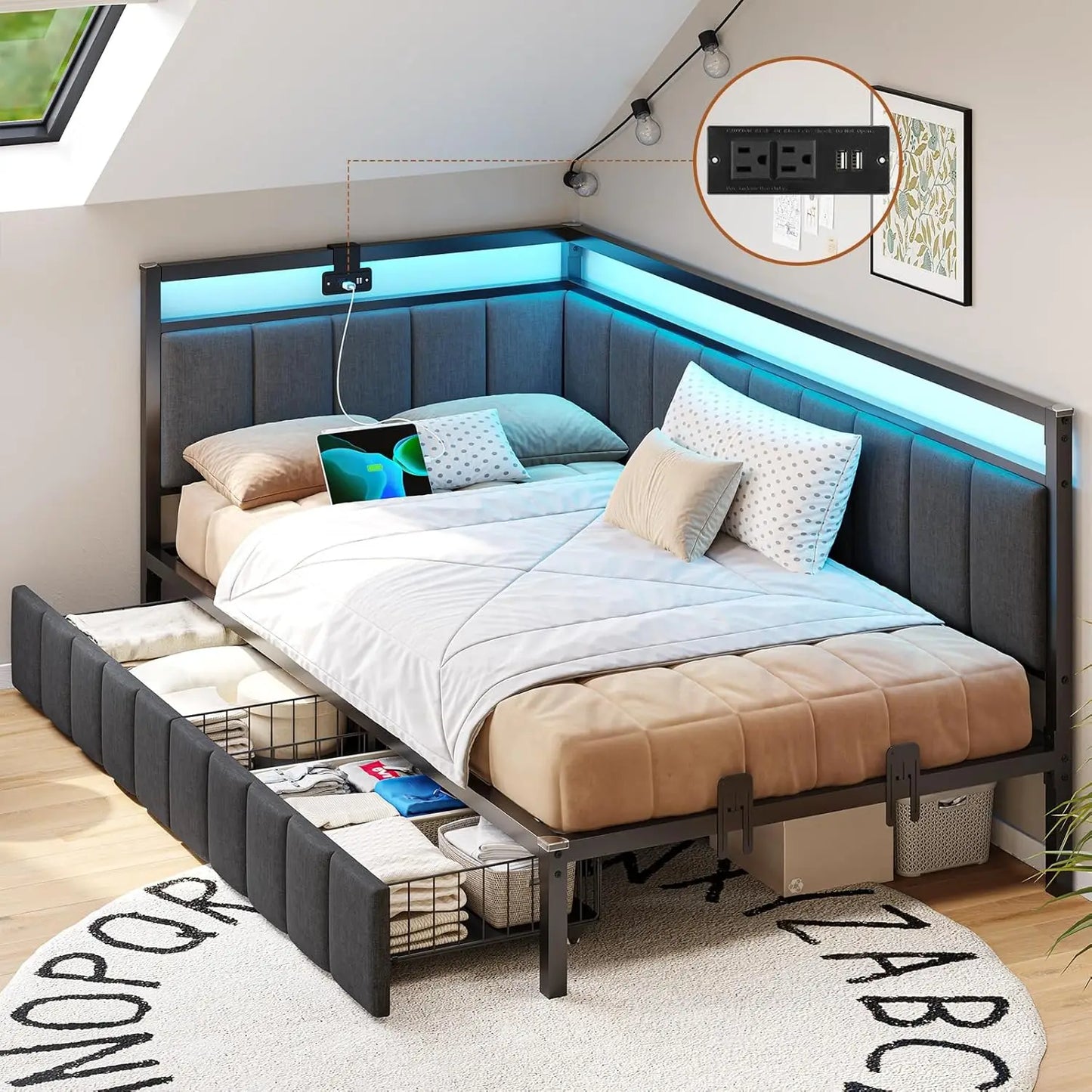 Corner Twin XL Bed Frame with 2 Storage Drawers & Charging Station Metal Platform Bed Frame Twin XL with Storage, Customized