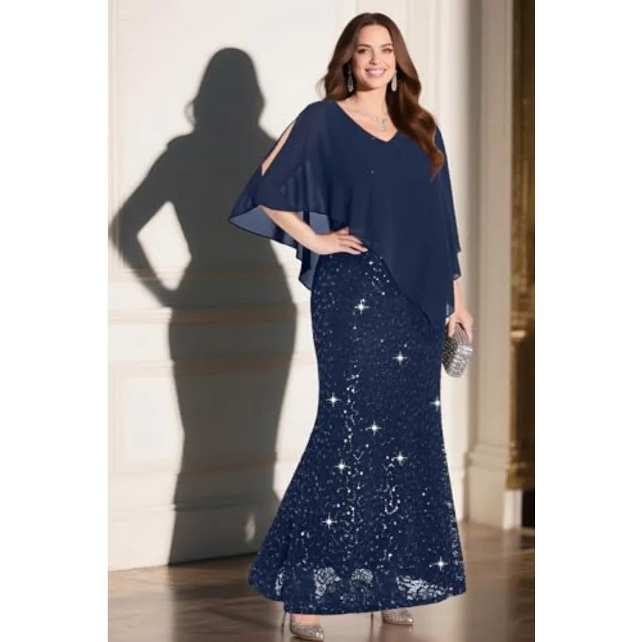 Plus Size Formal Dress - Evening Sequin Lace Long Mermaid Prom Dress with Chiffon Overlay Cape