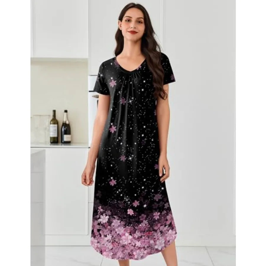 Ekouaer 3 Pack Long Nightgowns for Women Plus Size House Dress Short Sleeve Night Gown V Neck Casual Nightshirt M-5XL