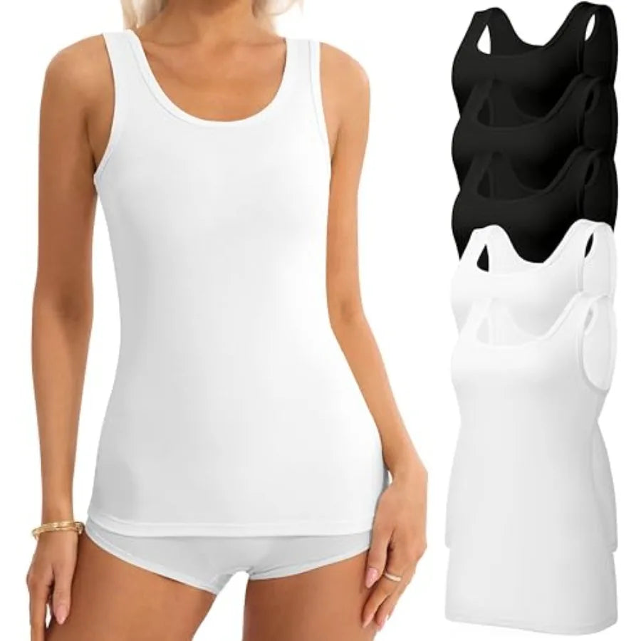 5 Pack Tank Tops for Women Cotton Undershirts Slim Fit Scoop Neck Basic Tanks Sleeveless Wide Strap Layering Top