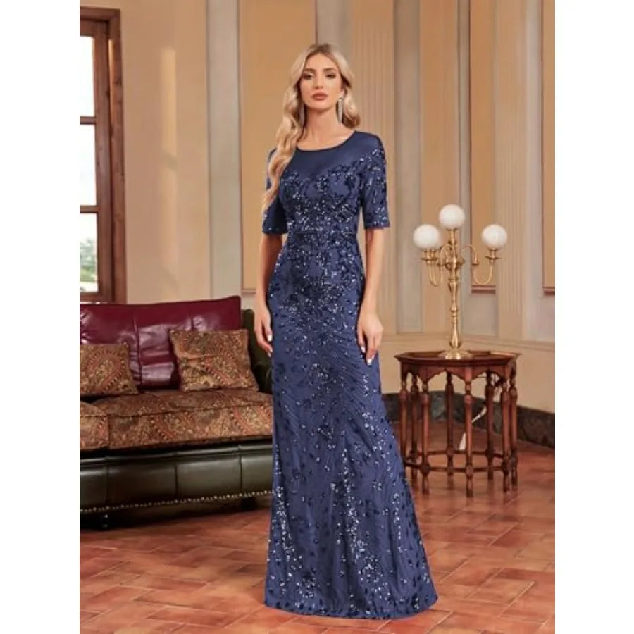 Short Sleeve Glitter Mermaid Evening Dress for Mother of The Bride Patchwork Women's Sequin Formal Gown