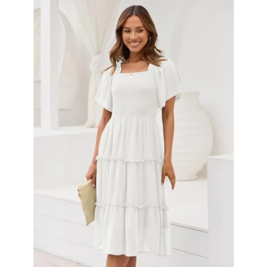 LILLUSORY Women's Summer Casual Flutter Sleeve Square Neck Smocked Midi Dress