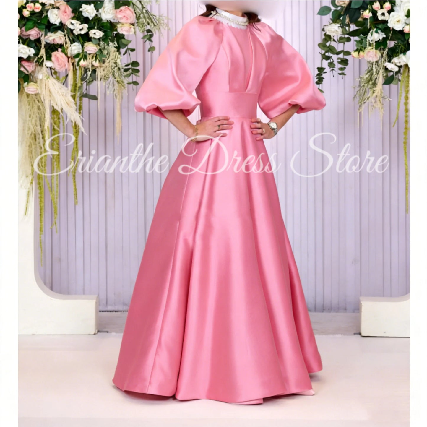 Pink Satin Bridesmaid DressSleeve Satin For Women Balloon Sleeve A-line Round Neck Birthday Party Evening Ball Gown Customized