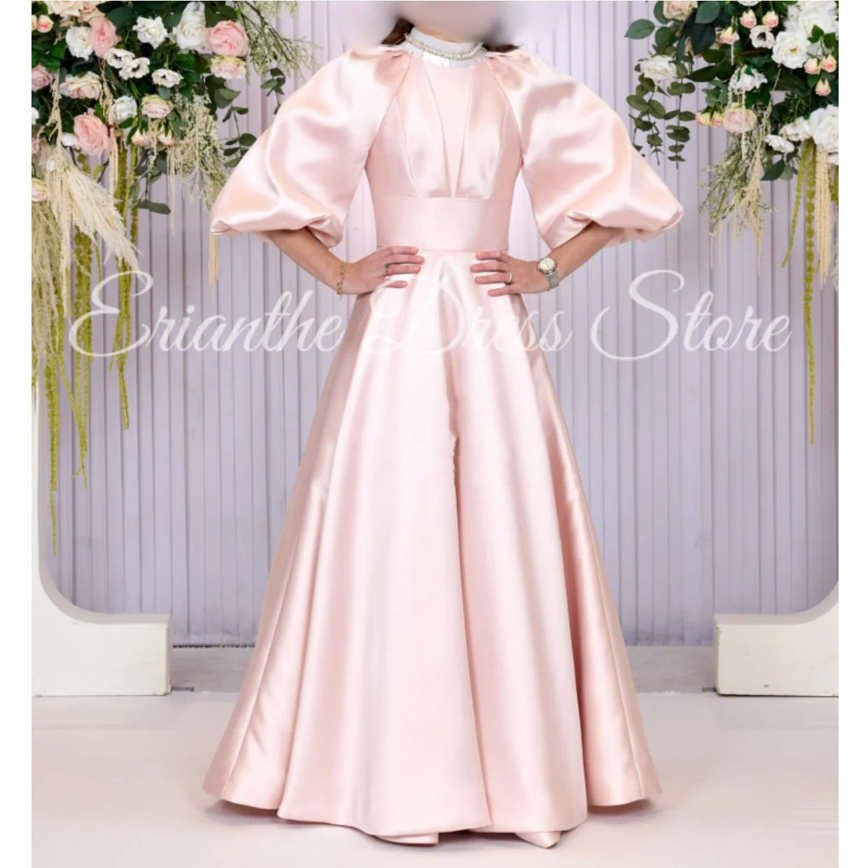 Pink Satin Bridesmaid DressSleeve Satin For Women Balloon Sleeve A-line Round Neck Birthday Party Evening Ball Gown Customized