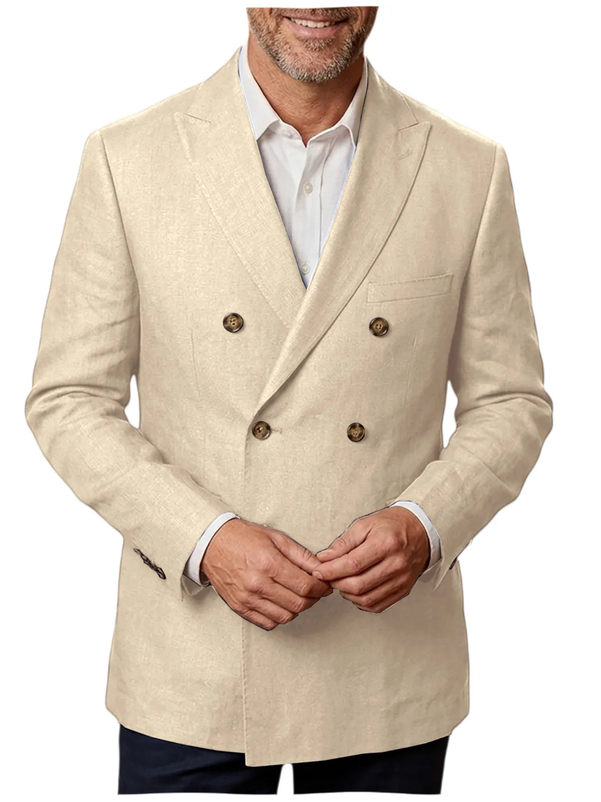 Men's Unlined Linen Blazer Double Breasted Casual Business Suit Jacket Slim Fit Formal Coat For Wedding Party Office Streetwear