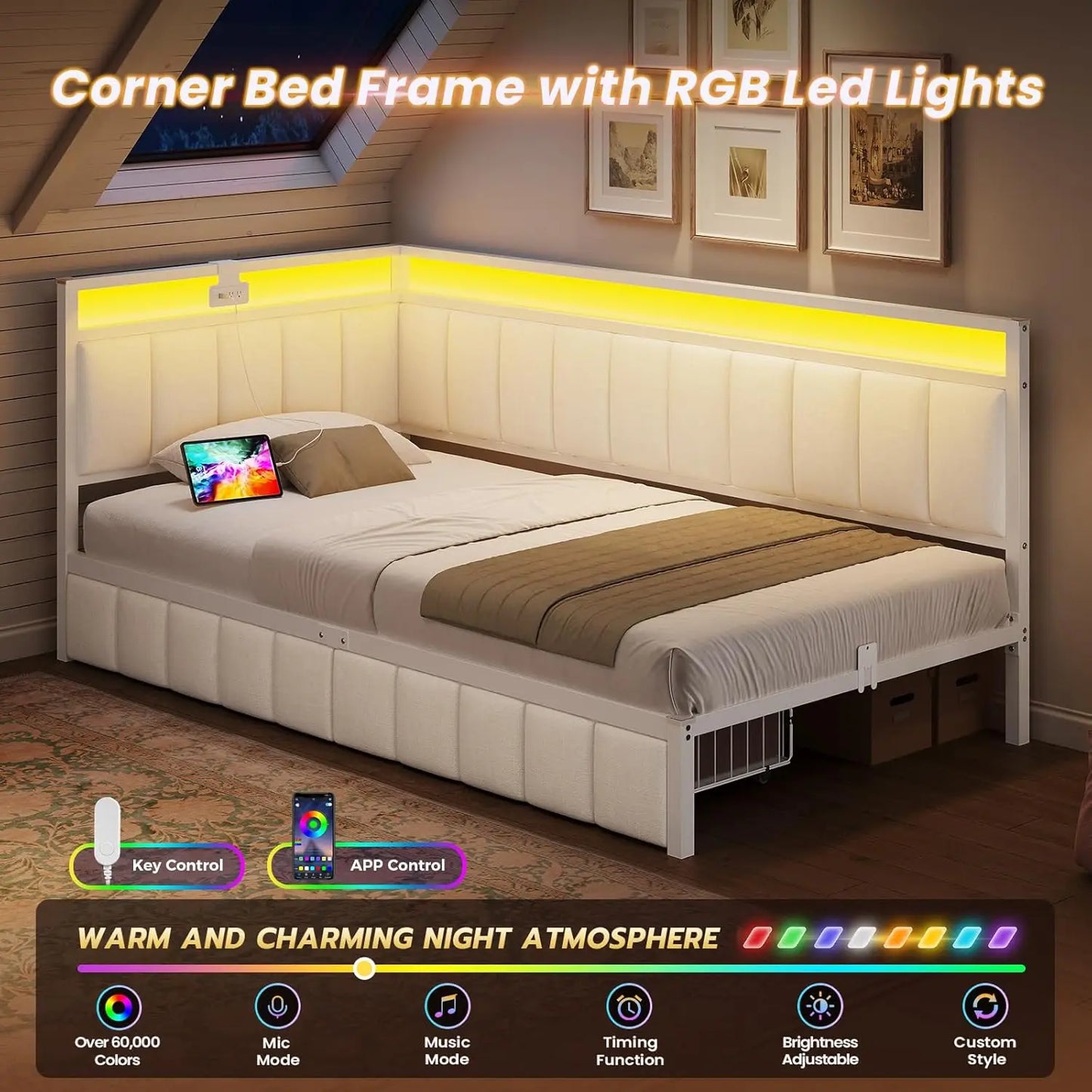 Corner Twin XL Bed Frame with 2 Storage Drawers & Charging Station Metal Platform Bed Frame Twin XL with Storage, Customized