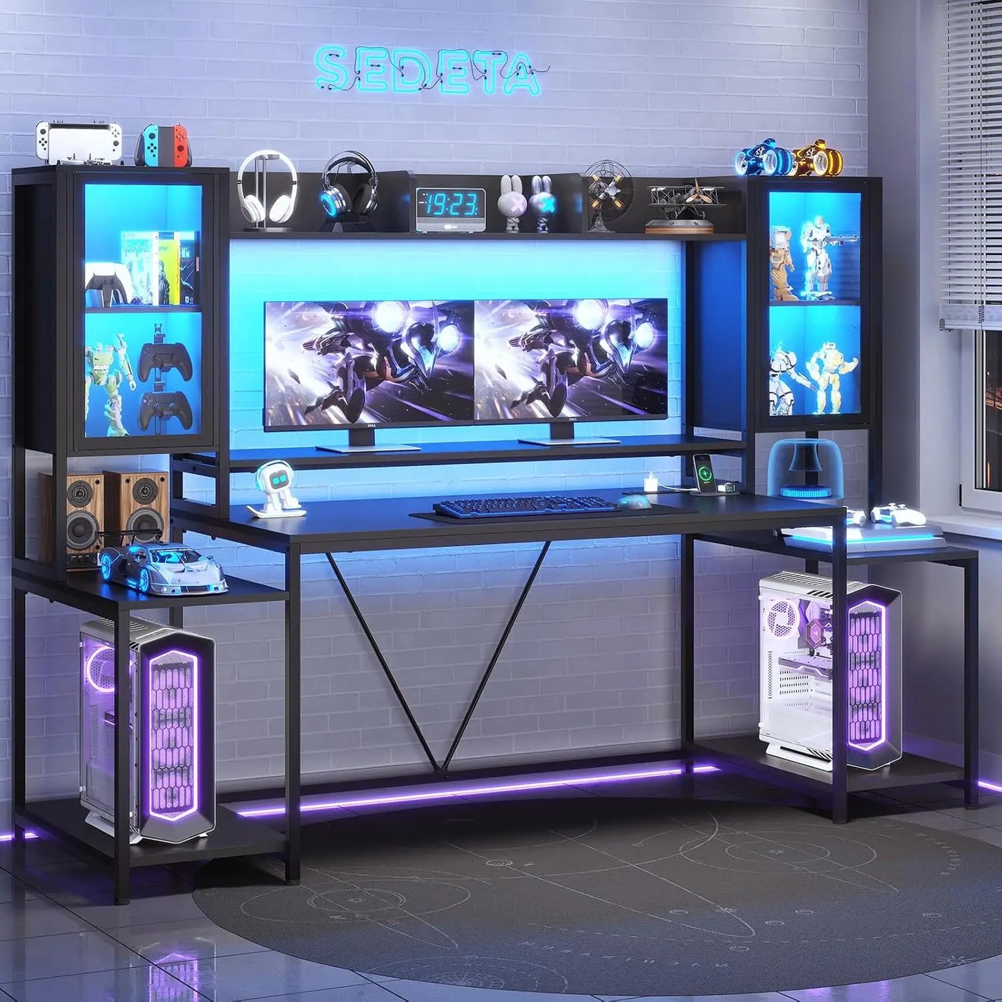 Gaming Desk 74.8'' with LED Lights, Hutch and Storage Shelves, Computer Desk with Monitor Stand, Large PC Gamer, Customized