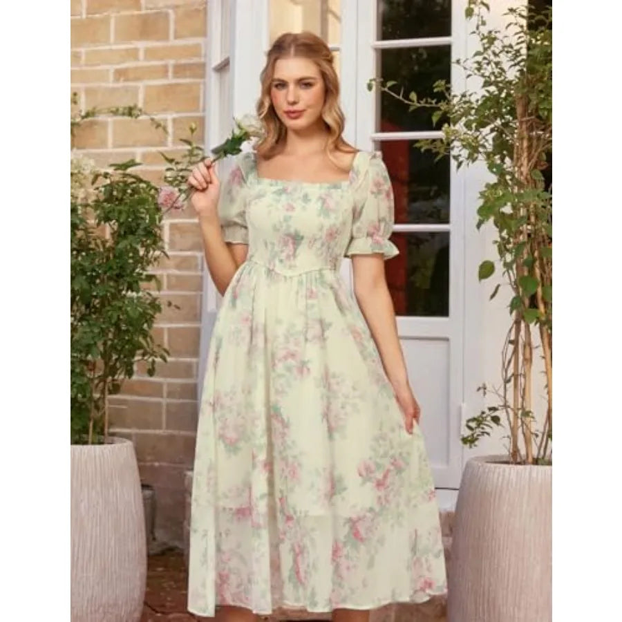 Scarlet Darkness Floral Dress for Women Summer Puff Sleeve Square Neck A Line Flowy Wedding Guest Tea Party Dresses