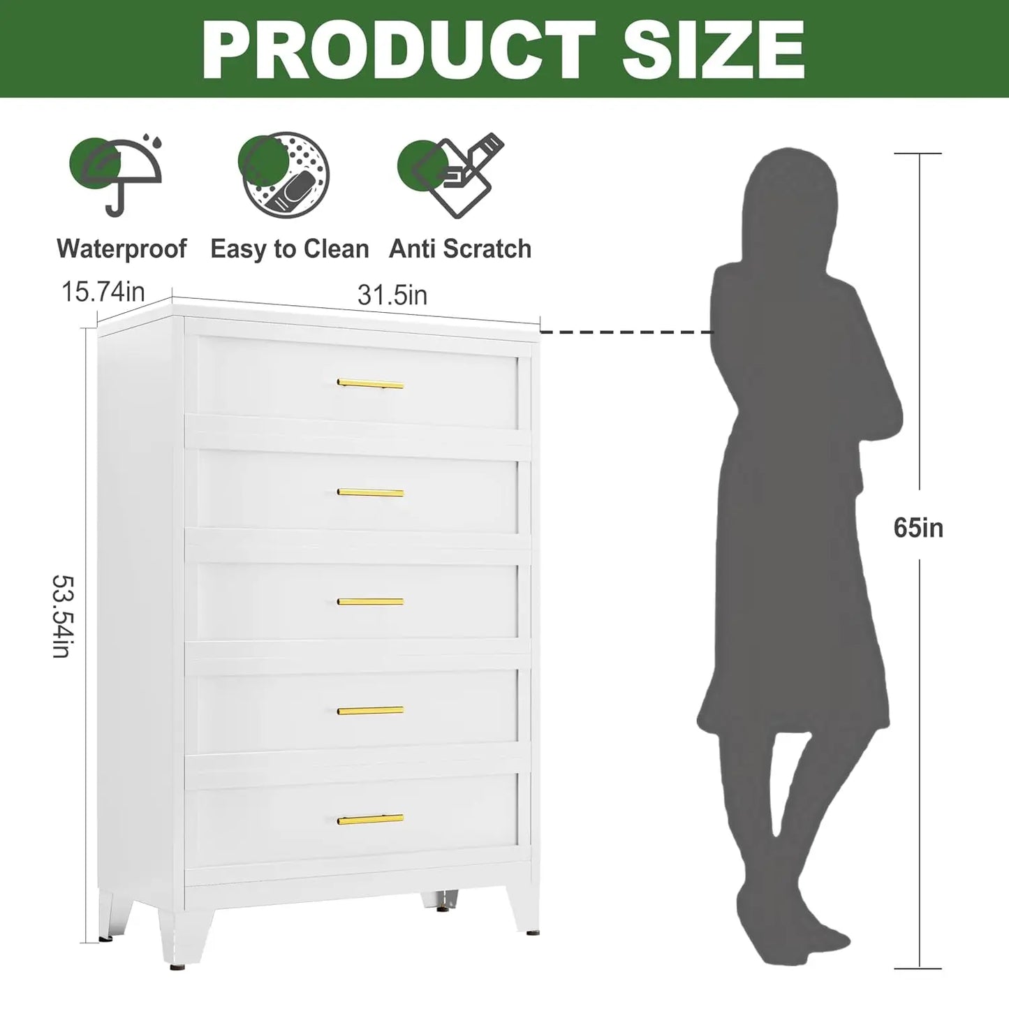53.54" H White Metal Tall 5-Drawer Dresser, Spacious Storage Chest of Drawers for Bedroom and Closet Organization, Customized