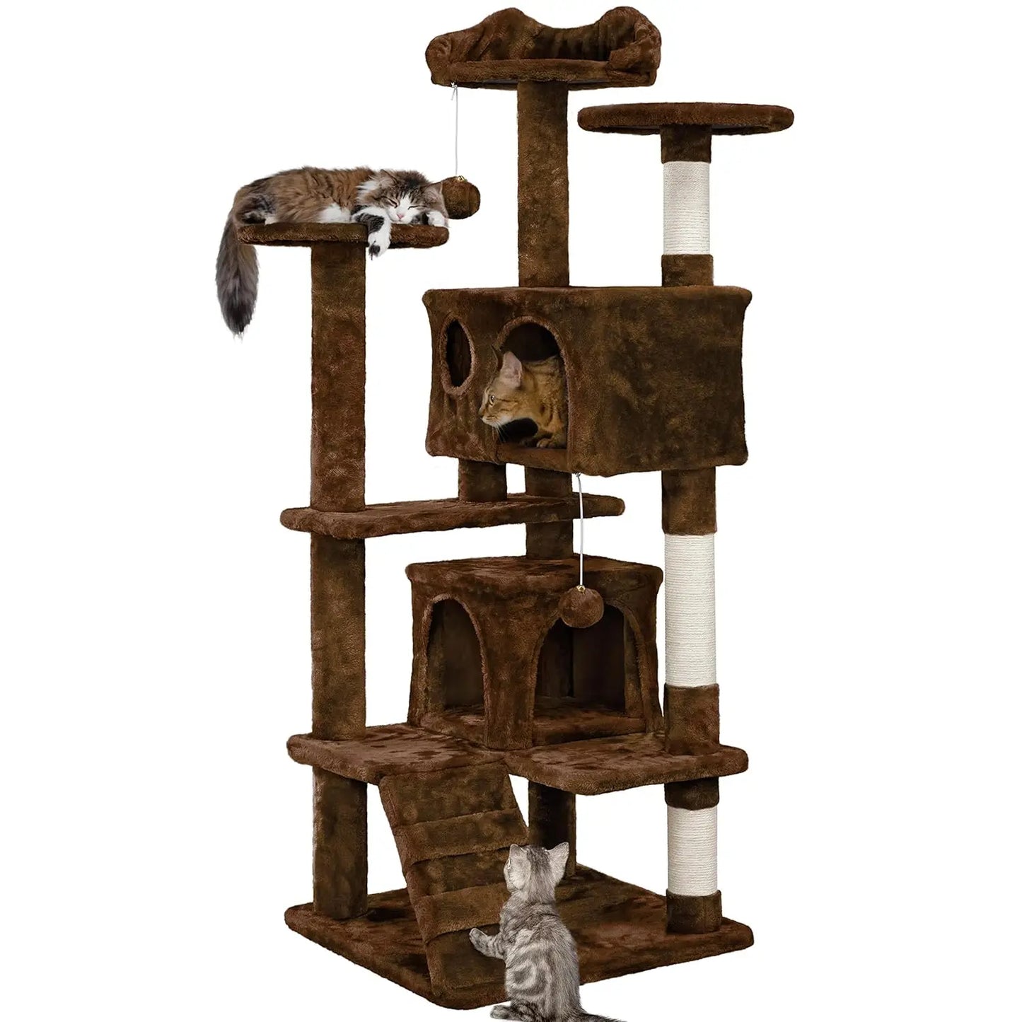 54in Multi-Level Cat Tree Kitten-ear Perch 2 Caves Scratch Posts Ladder 2 Balls Indoor Kittens Durable Pet Furniture , Custom